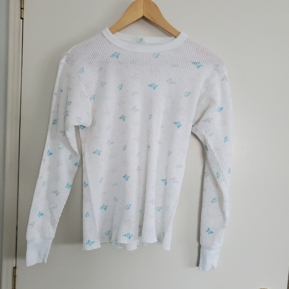 Vintage Thermal Shirt Juniors L  White Floral AOP